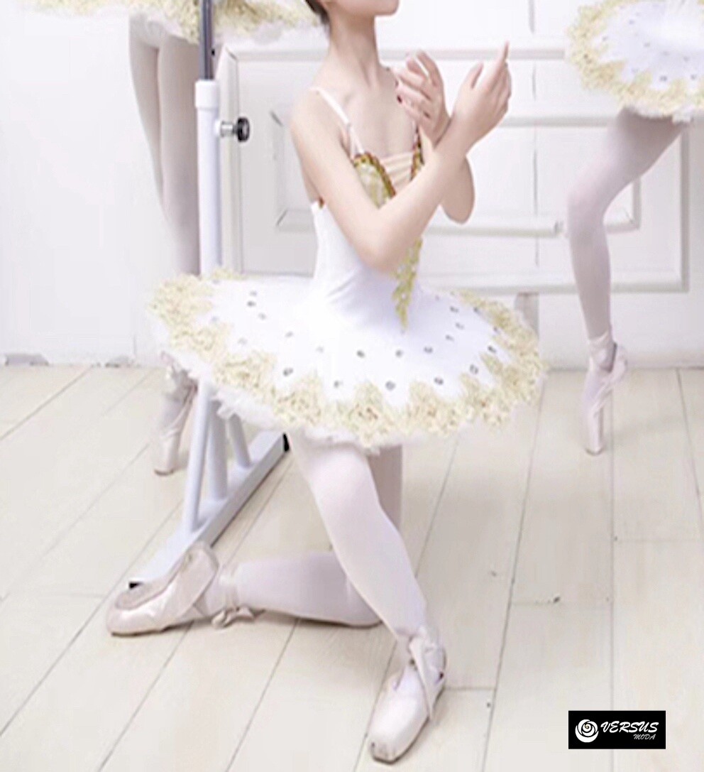 IBAKOM Abito da danza classica, da bambina, con spalline sottili, per balletto, balli e pizzo, con perle, camisole, Bianco – Fiore, 5-6 Anni
