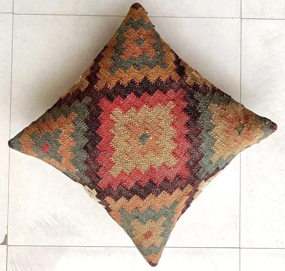 Indian Jute Kilim Cushion Cover Throw Pillow 18" Square Home Decor Handmade Wool - Image 3 of 4