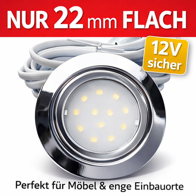 Flache IP44 LED Möbel Einbauspots New Lina - 12V - 3W - Bohrloch 54-60mm - Chrom