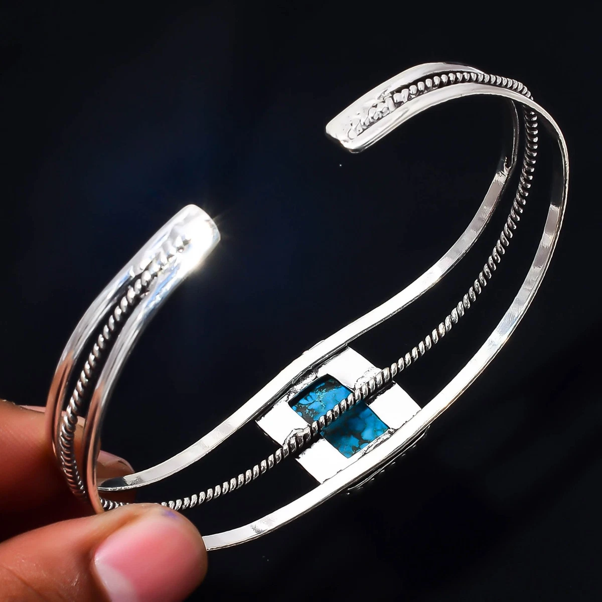 Turquoise Gemstone 925 Sterling Silver Handmade Bangle Jewelry Gift For Love