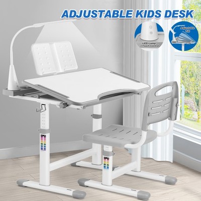 Gray Ergonomic Kids Study Desk & Chair Set Height Adjustable Table w/Drawer,Lamp