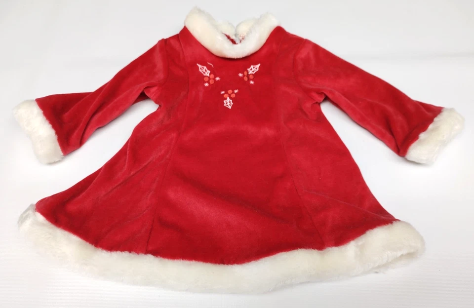 6/9 meses Niñas Rojo Terciopelo/Terciopelo Bordado Navidad Vestido Sombrero y Zapatos ~ Piel Sintética Foto 2 de 4