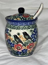 Unikat Polish Pottery Condiment Jar W/ Spoon M. Starzyk Blue Floral Birds 12oz