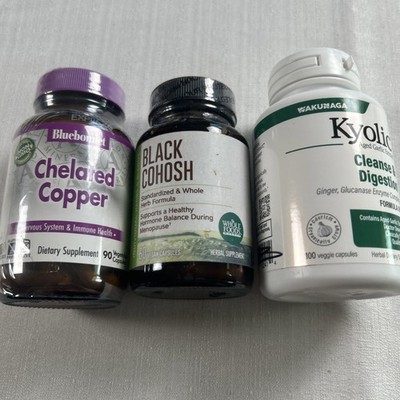 Assorted Dietary Supplements Black Cohosh, Chelated Copper, Kyolic Cleanse