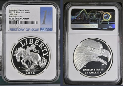 #ad #ad 2022 P Proof American Liberty 1 oz Silver Medal NGC PF69UC Bronco First Day % $129.99
