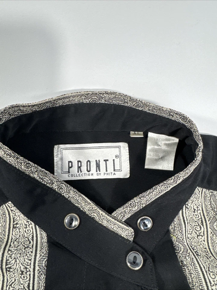 Pronti Men's Dress Shirt Banded Collar Black Silver Patter Long Sleeve * Size XL - Image 2 of 4