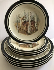 Folkcraft Stoneware White Tail Deer Dinner And Salad Plates 10 5/8" 8 3/8" Set 8