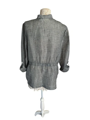Chico's Sheer Gray Striped Button Up Peplum Lightweight Linen Jacket size Large - Picture 2 of 7