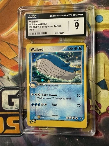 CGC  9 MINT Wailord ex Ruby & Sapphire Holo Rare Pokemon Card 14/109 Swirl
