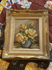 Vintage Signed Needlepoint Yellow Vase Of Roses Ornate Gold Frame 15.5”X13.5”