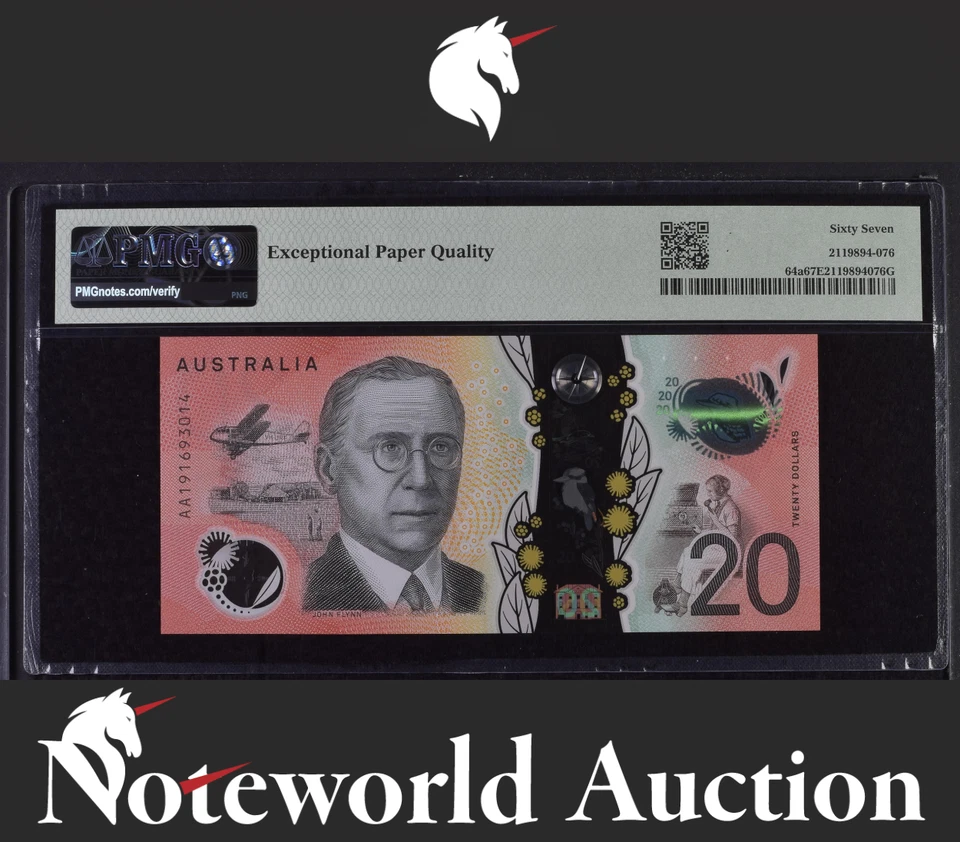 Australia Reserve Bank 20 Dollars 2019 P 64a Polymer Prefix AA UNC PMG 67 EPQ - Image 2 of 4