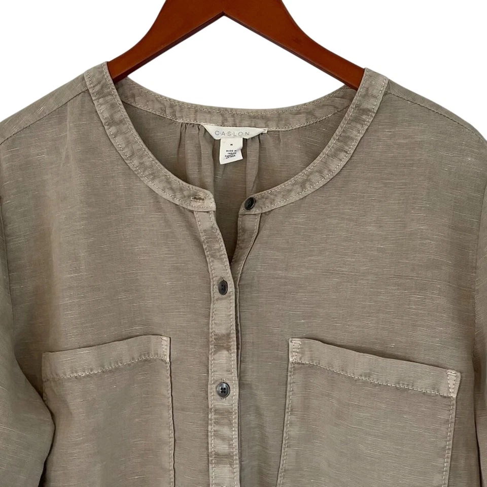 Blusa/Camisa Caslon Mezcla de Lino Larga Pestaña/Manga Abotonada Bronceada/Neutra, M Foto 3 de 4