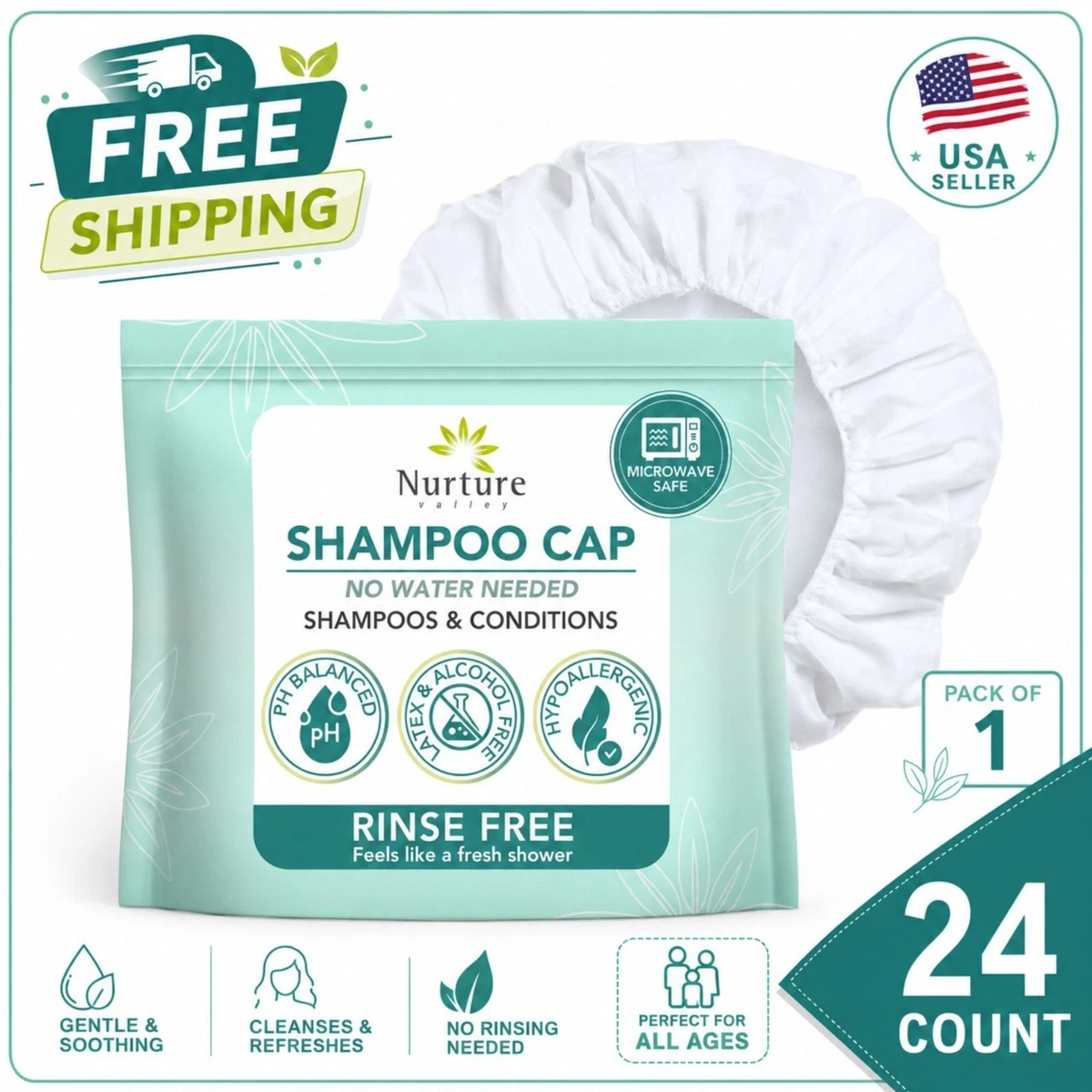 Nurture No Water Rinse-Free Shampoo Cap | 24 Stück wasserlose Haarwäsche