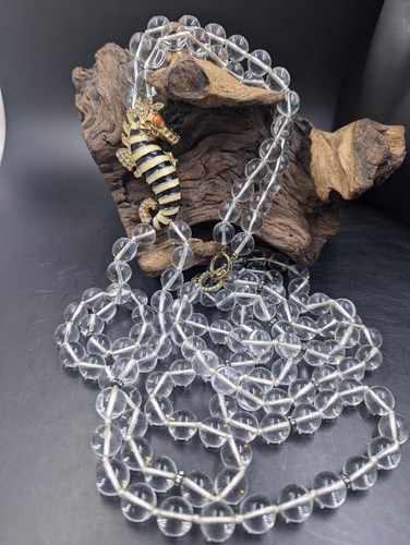 COLLANA J CREW 2 fili vetro trasparente perline e smalto dichiarazione cavalluccio marino 44''l - Foto 2 di 7