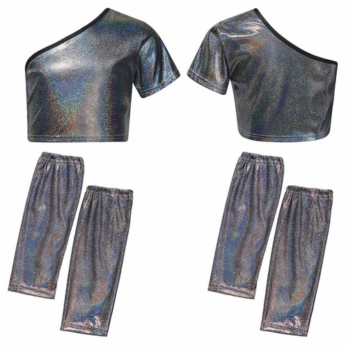 Girls Jazz Dance Outfits Metallic Crop Top with Gloves One Shoulder Short Sleeve - Picture 4 of 20