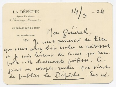 Handschriftliche Karte signiert Franz von Tessan an Helene Jung Literaturpolitik
