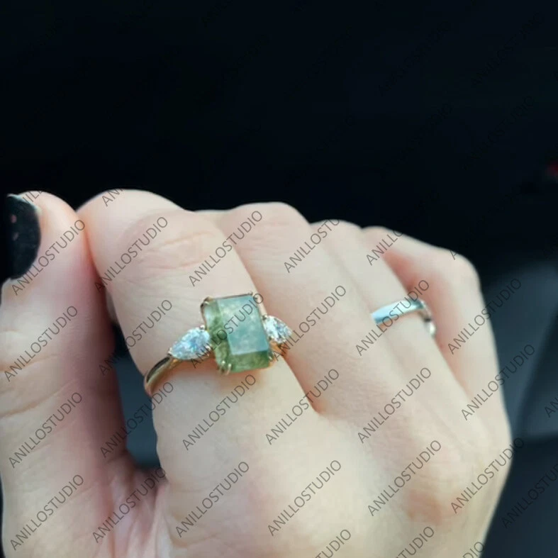 Banda de diamantes de ágata y pera musgo corte esmeralda, anillo de compromiso de plata de ley 925 Foto 3 de 3