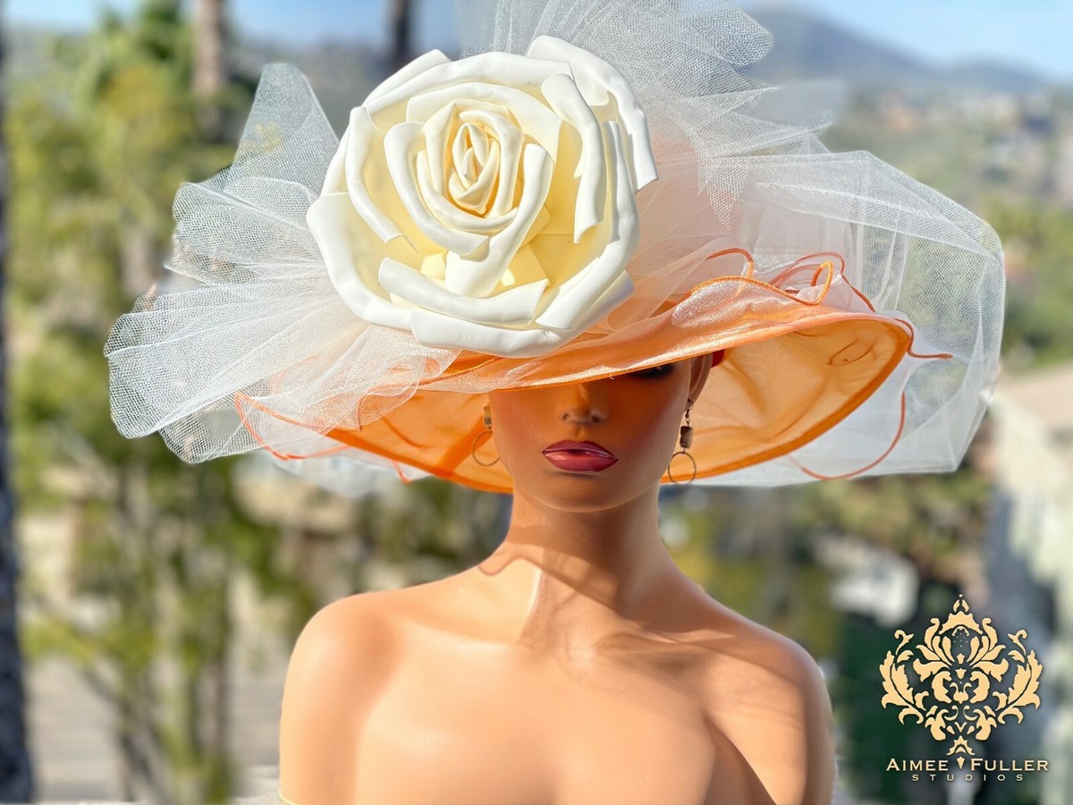 Orange Kentucky Derby Hat Big White Rose Hat Royal Ascot Hat