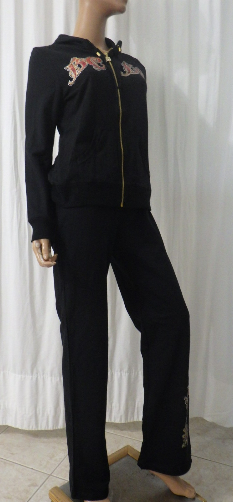 NWT BCBG sz MED (Bust36) 95% cotton BLACK & RED PEACOCK DESIGN 2PC TRACKSUIT