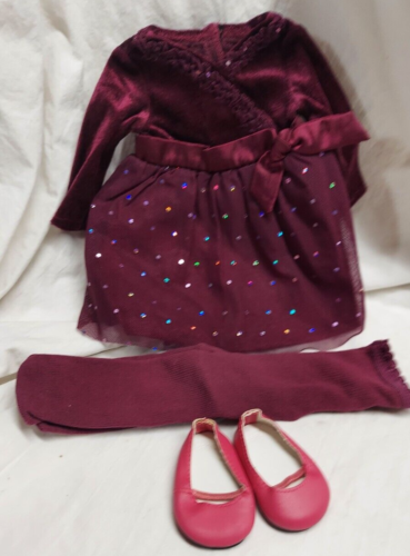 American Girl 3 Piece Outfit-Maroon Dress, Tights, Pink Shoes