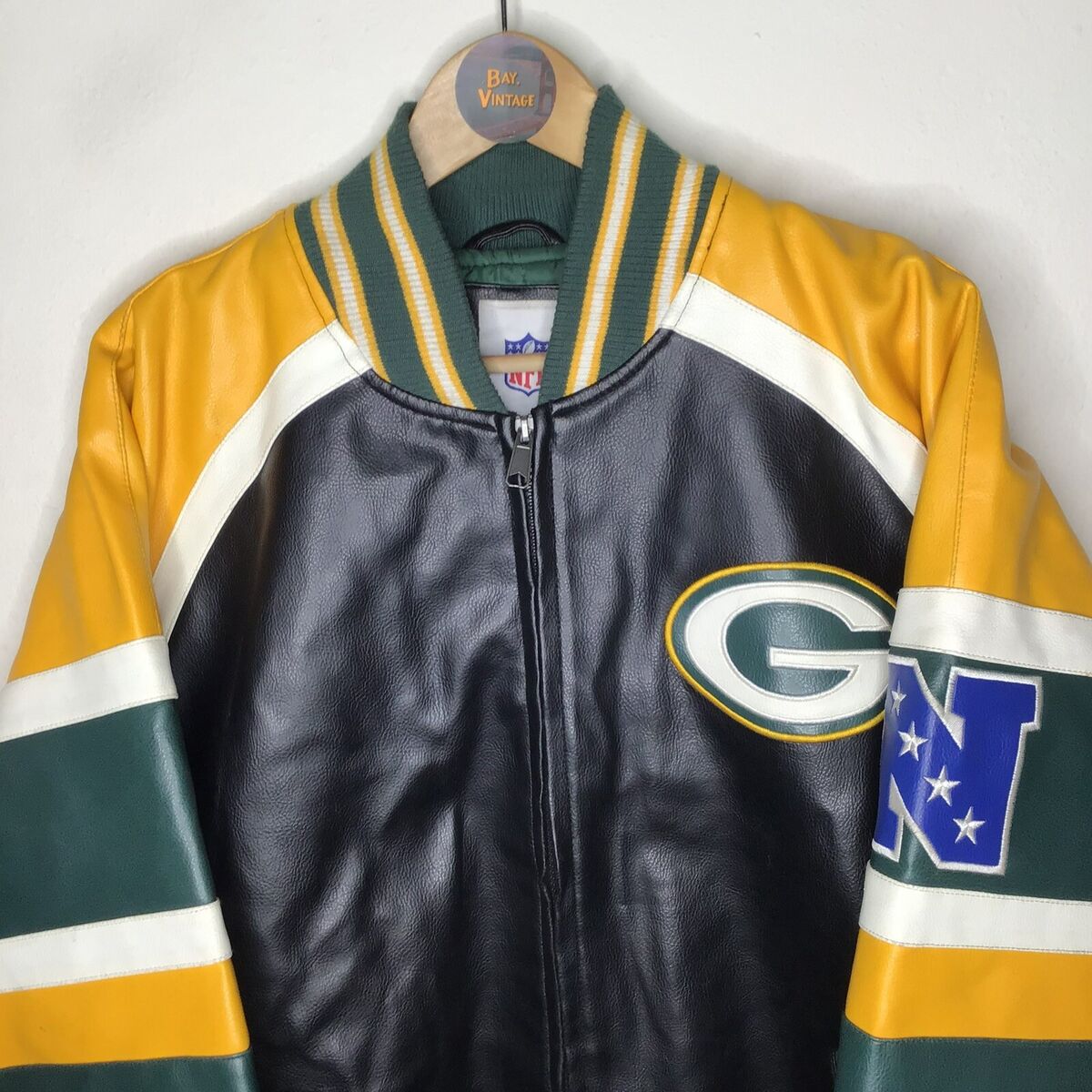 Nfl green bay packers full zip faux leather polyvinyl bomber Nfl green bay packers full zip faux leather polyvinyl bomber