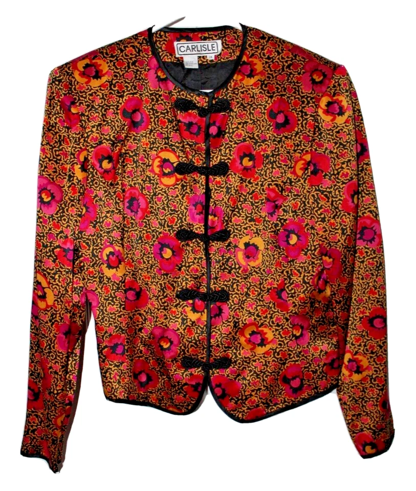 Conjunto Blazer Traje Falda Vintage Carlisle 100% Seda Floral Negro Dorado Rosa Talla 14 Foto 2 de 4