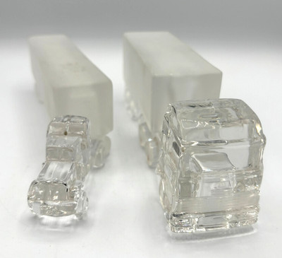 2 Crystal and Frosted Glass Truck Paperweights - Mack, Fruehauf, Kenworth, White
