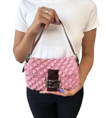 FENDI Vintage FF Logo Crochet Mamma Baguette Shoulder Bag Knit