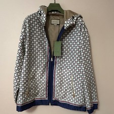 Gucci Men's Hooded Windbreaker Jacket Geometric Logo Zip Size 50 White/Navy/Red