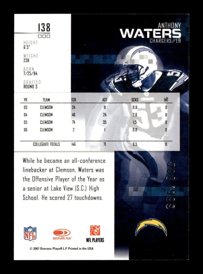 2007 Leaf Rookies & Stars Anthony Waters RC /999 Clemson Tigers #138 - Image 2 of 2