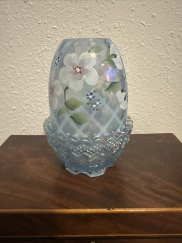 FENTON FAIRY LAMP Opalescent Hand Painted Flowers signed M. Olmsted Small chip