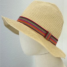 Women s Straw Floppy Sun Hat Beige Multicolor Band Wide Brim Boho