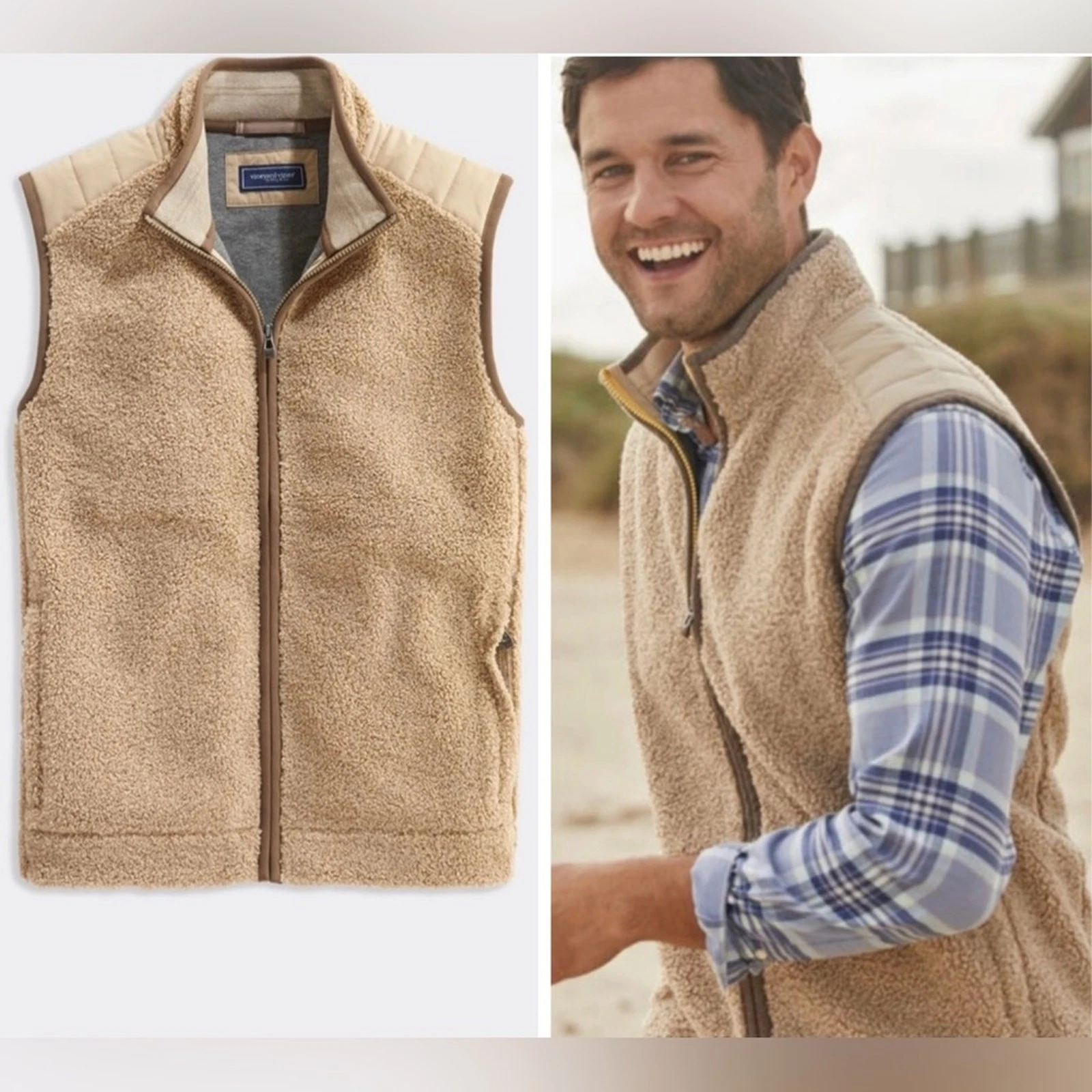 NWOT Vineyard Vines Nantucket Sherpa Vest Island Khaki Beige Tan Brown Sz Medium
