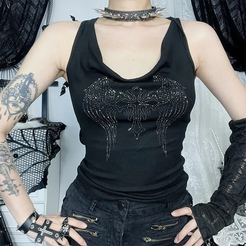 Ozz angelo タンクトップ　キリスト　y2k Y2K Gothic Rhinestone Angel Wing Tank Top – Emo Punk Backless Tie