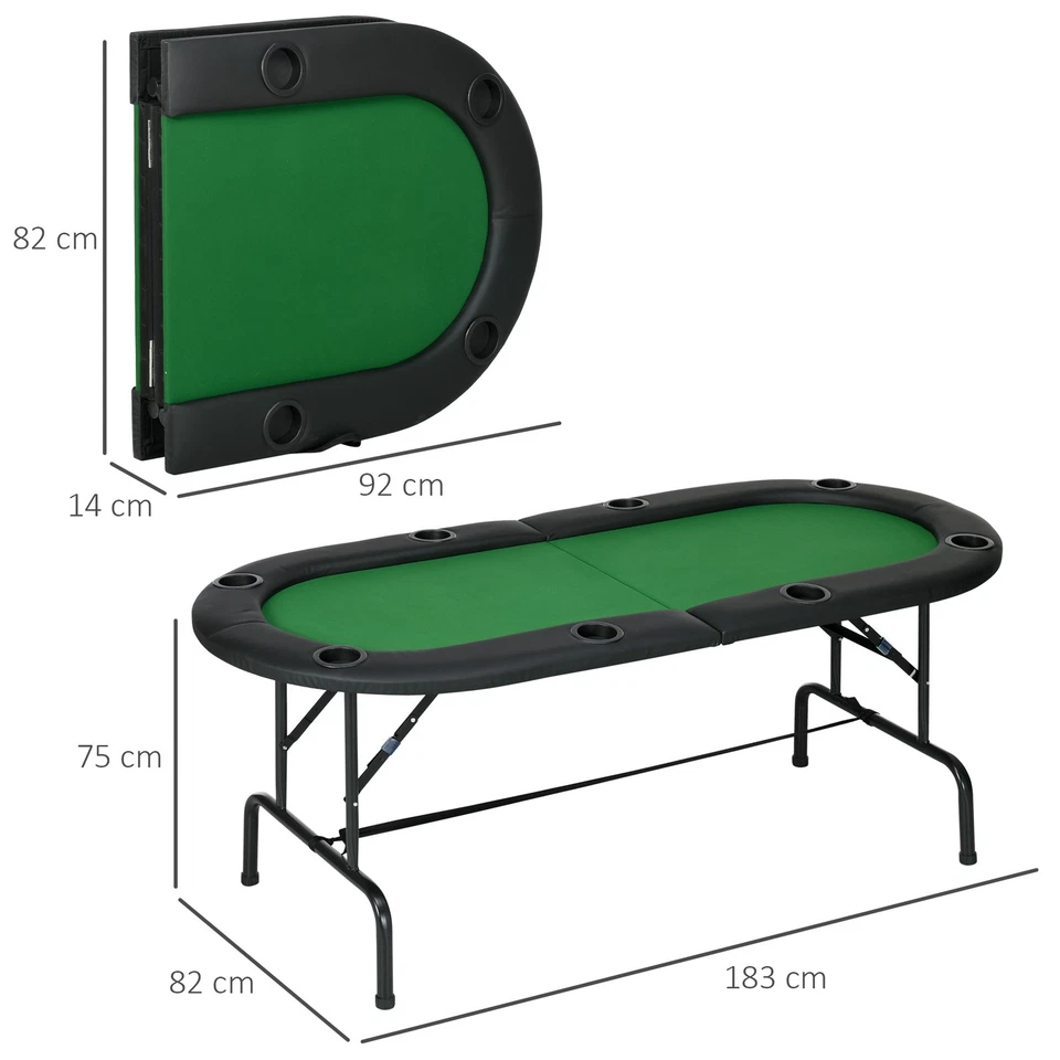 8 Player Folding Poker Table Casino Games with Cup Holders, Metal Base, Green - Image 2 of 4