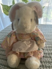 Russ Caresse Medium White Bunny Plush in Pink Floral Dress 14  Vintage