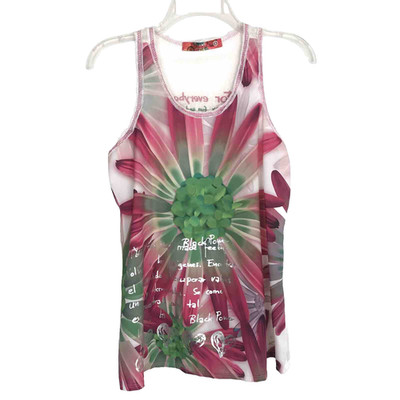 Desigual Sex Fun Love Tank Top Floral Silver Wording Print Green Pink EUC Small