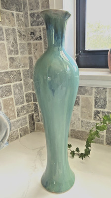 18  Large Aqua Turquoise Reactive Glaze Studio Pottery Square Floor Vase
