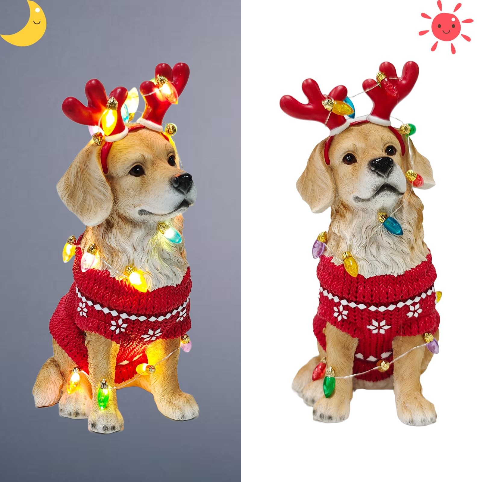 Christmas Golden Retriever with Reindeer Antlers Statue - Cute Sitting Dog Sc...