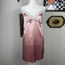 Cozy Rozy Pink Satin Slip Dress with White Lace Trim and Adjustable Straps