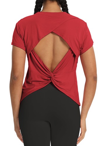 Womens Short Sleeve Workout Athletic Hiking Shirts Split Back Yoga Tops Red XL - Picture 3 of 6