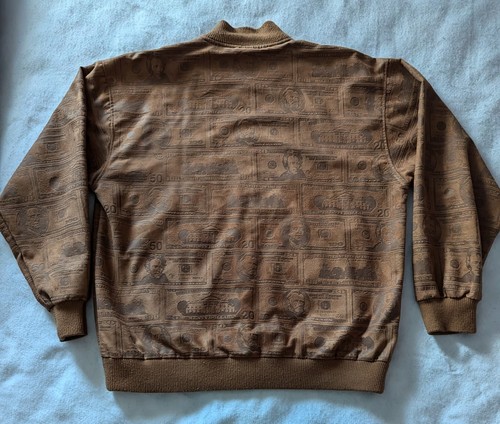 Burgundy Sz L All Over Money Print Jacket Brown Rap Hip Hop Streetwear 90s Y2K - Picture 14 of 15