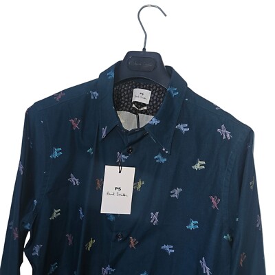 £135 Herren PAUL SMITH Premium LS MASSGESCHNEIDERTE Passform marineblau FUNKY Muster SHIRT L *neu mit Etikett*