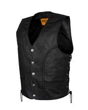 Men's Black Leather Vest Motorcycle Concealed Buffalo Snap Custom Waistcoat