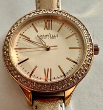 Caravelle by Bulova Ld's Watch, AustrianCrystals, Metallic Gold Leather Strap