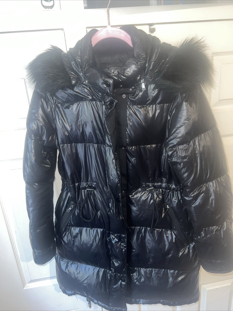 Zara Long Black Shiny Puffer Feather Down Jacket With Fur Trimmed Hood Size  Larg