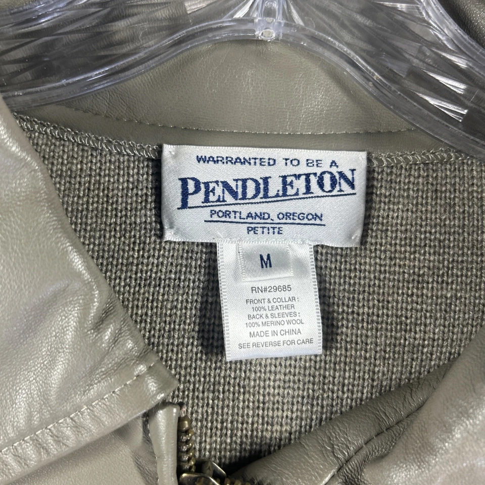 Pendleton Jacket Womens Medium Petite Beige Leather Merino Wool Full Zip Coat - Image 3 of 4