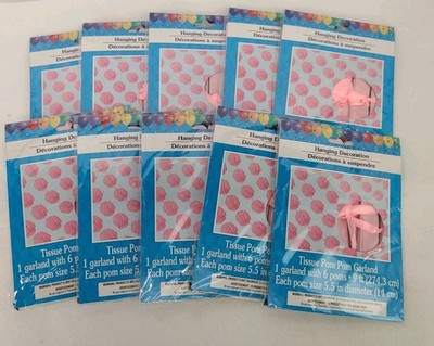 Celebration PINK 9 ft Tissue Pom Pom Garland (6)5.5'' diameter Poms LOT 10
