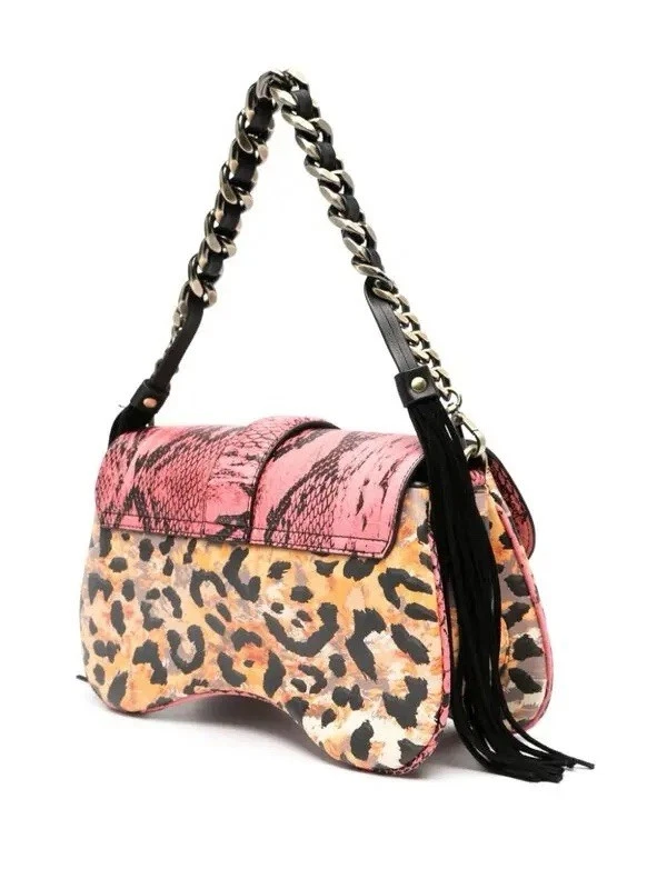 Just Cavalli Pink Leopard Snake Bag Suede Tassels Chain Shoulder Purse - Image 3 of 4