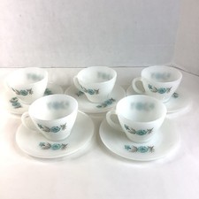 Fire King Bonnie Blue Carnations Milk Glass Cup  Saucer Set Of 5 Vintage MCM
